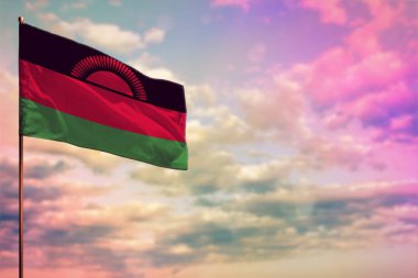 Fluttering Malawi flag mockup with the place for your text on colorful cloudy sky background.