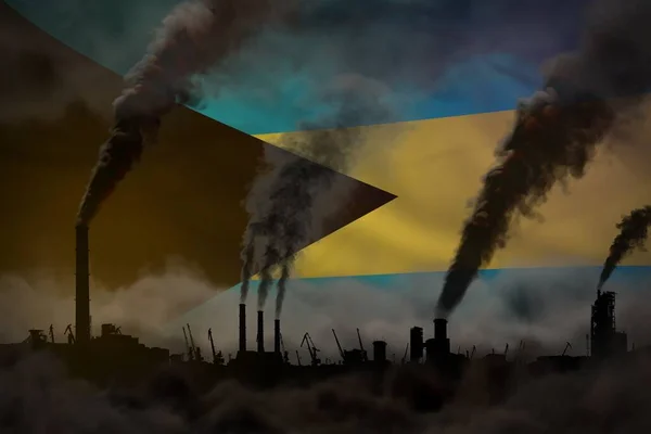 暗污染 与气候变化概念作斗争 巴哈马国旗背景上的工业烟囱浓烟 工业三维说明 — 图库照片