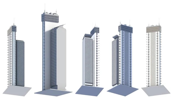 Комплект Рендеры Вымышленного Дизайна Абстрактные Небоскребы Живые Башни Отражением Неба — стоковое фото