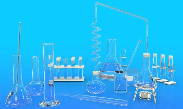 オブジェクトの3Dイラスト 青色の背景に水と様々な生化学ガラスと実験室のテスト管 大学の概念の背景 — ストック写真