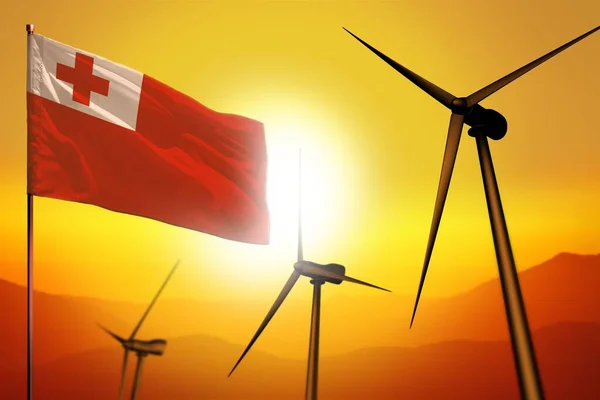 Енергія Вітру Тонга Концепція Альтернативного Енергетичного Середовища Турбінами Прапором Заході — стокове фото