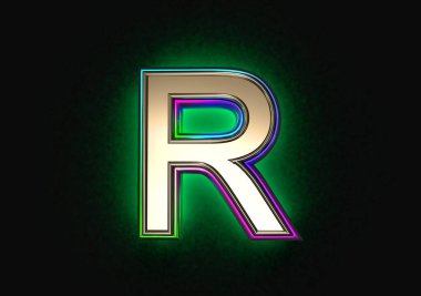 Renkli dikroik film özeti ve yeşil arka plan yazı tipi olan gri metal çizgi - Gri arkaplanda izole R harfi, sembollerin 3D çizimi