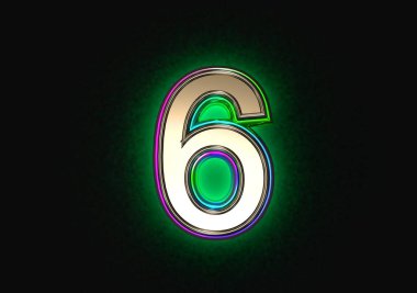 Renkli dikroik film özeti ve yeşil arka plan alfabesi olan gri metalik gri arka planda 6 numara, sembollerin 3 boyutlu çizimi.