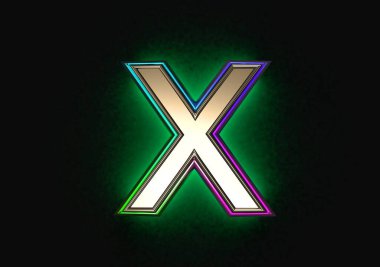 Renkli dikroik cam çizgili gri metal ve yeşil arka plan alfabesi - koyu renkli X harfi, sembollerin 3 boyutlu çizimi