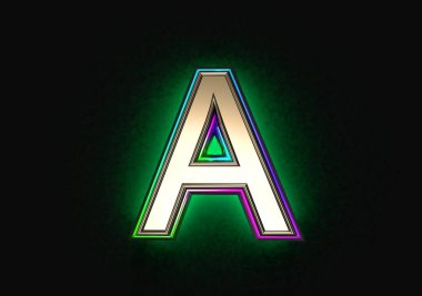 Renkli diokroik film özeti ve yeşil arka plan yazı tipi olan gri metal çizgi. Gri arkaplanda izole edilmiş bir harf. Sembollerin 3 boyutlu çizimi.