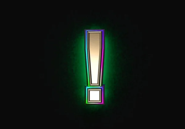 カラフルな二色ガラスの輪郭と緑のバックライトのアルファベットとグレーの真鍮 シンボルの暗い 3Dイラストに隔離された感嘆符 — ストック写真