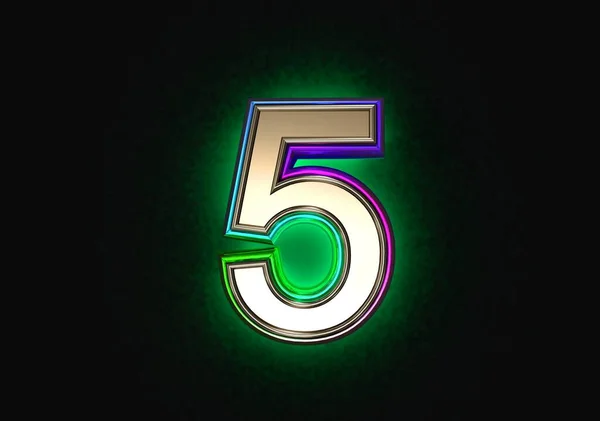 カラフルな二色フィルムアウトラインと緑のバックライトアルファベットを持つグレーの金属 数字5グレーの背景に隔離され シンボルの3Dイラスト — ストック写真