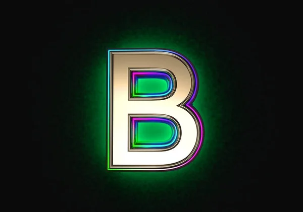灰色金属 带有彩色双色底片轮廓和绿色背光字母表 灰色背景下孤立的字母B 符号的三维图解 — 图库照片
