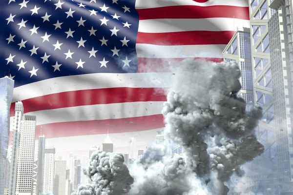 big smoke column in the modern city - concept of industrial accident or terroristic act on USA flag background, industrial 3D illustration