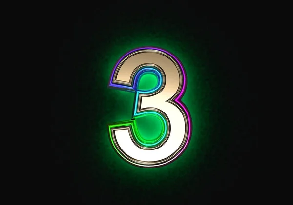 カラフルな二色ガラスのアウトラインと緑のバックライトフォントとグレーの金属 番号3は シンボルの暗い 3Dイラストに分離 — ストック写真