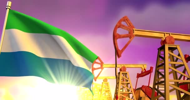 Serra Leoa Bandeira Acenando Fundo Poços Petróleo Bombeando Óleo Pôr — Vídeo de Stock
