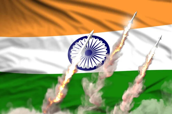 Hindistan Nükleer Savaş Başlığı Fırlatılışı Bayrak Kumaşı Arka Planında Modern — Stok fotoğraf