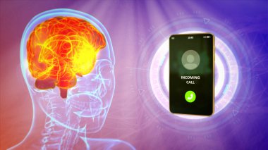 Endüstriyel 3D illüstrasyon - X ışını insan kafası görüntüsü arayan telefon, 5G ağ konsepti tarafından beyin hasarı