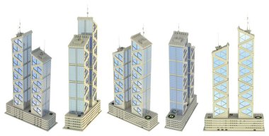 5 adet hayali tasarım modern ev seti gökyüzü yansımalı iki kristal kule - beyaz, yüksek görüşlü 3d mimari resimli izole