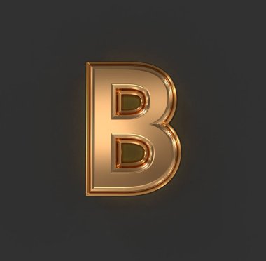 Klasik turuncu altın veya bakır metal alfabe - B harfi gri arkaplanda izole edilmiş, sembollerin 3D çizimi