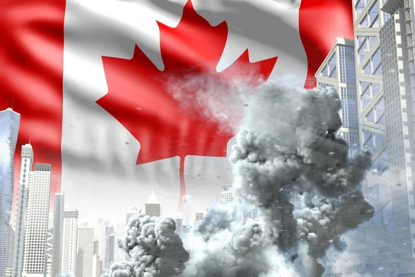 huge smoke column in the modern city - concept of industrial explosion or terrorist act on Canada flag background, industrial 3D illustration