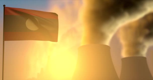 烟道上的老挝人民民主共和国国旗在日落背景下飘扬 全球变暖概念 Uhd 3D动画 — 图库视频影像