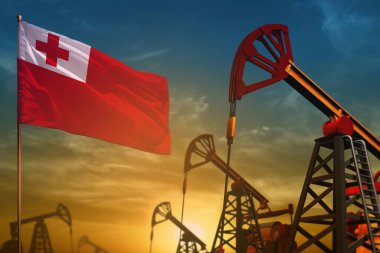 Tonga petrol endüstrisi konsepti, endüstriyel illüstrasyon. Mavi ve sarı günbatımı arka planında dalgalanan Tonga bayrağı ve petrol kuyuları - 3 boyutlu illüstrasyon