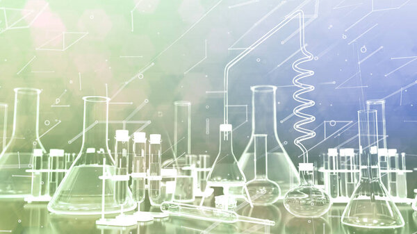 lab test tubes and other various glassware - digital style chemical concept or scientific background, 3D illustration of objects
