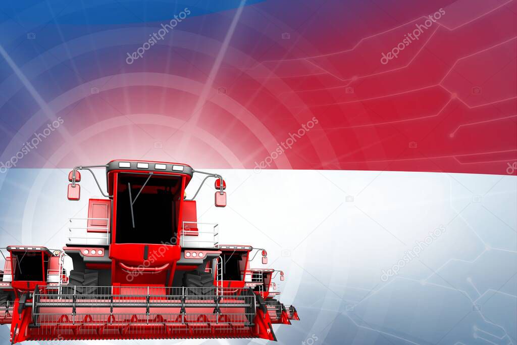 Digital industrial 3D illustration of 3 red modern wheat combine harvesters on Monaco flag, farming equipment modernisation concept