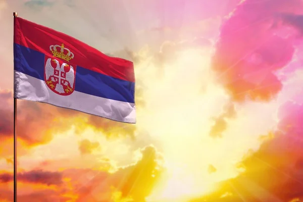 Sventolando Bandiera Della Serbia Alto Sinistra Mockup Con Posto Vostre — Foto Stock