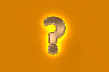 Sarı gürültülü arka plan ışığına sahip bakır veya klasik metalik yazı tipi - turuncu arkaplanda izole edilmiş soru işareti, sembollerin 3 boyutlu çizimi