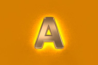 Sarı ışıklı bakır ya da eski metalik alfabe - turuncu üzerine izole edilmiş bir harf, sembollerin 3 boyutlu çizimi