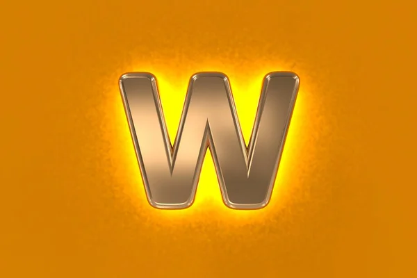 带有黄色噪音背光字母W的铜或老式金金属字体 橙色背景下隔离的W字 符号的三维图解 — 图库照片