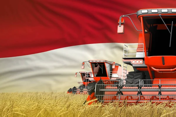 Rood Moderne Maaidorsers Met Indonesische Vlag Boerenveld Close View Landbouwconcept — Stockfoto