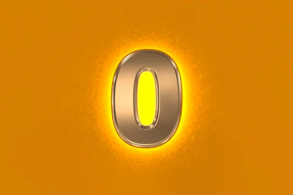 带有黄色噪音背光的铜或老式金金属字体 橙色背景上隔离的0号 符号的三维插图 — 图库照片