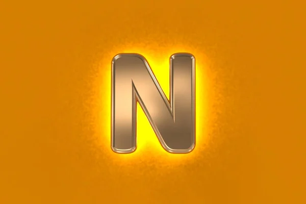 黄色のノイズの多いバックライト付き銅または高齢者の金の真鍮のアルファベット 文字Nはオレンジに隔離され シンボルの3Dイラスト — ストック写真