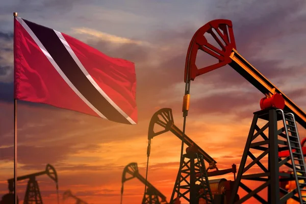 Trinidad and Tobago oil industry concept, industrial illustration. Trinidad and Tobago flag and oil wells and the red and blue sunset or sunrise sky background - 3D illustration
