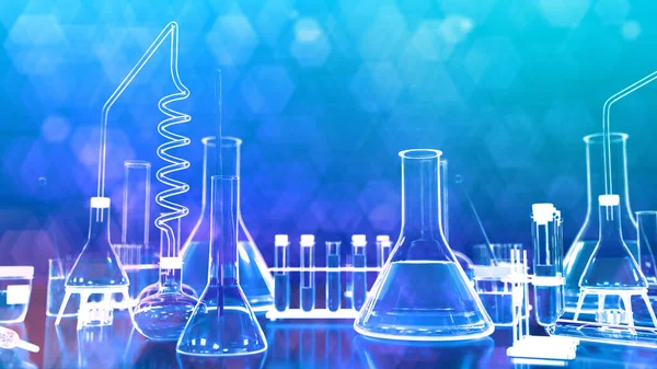 Kozmetik konsept, laboratuvar test tüpleri ve diğer cam eşyalar mikrobiyoloji arka planı olarak kullanılabilir, nesnelerin 3 boyutlu çizimi