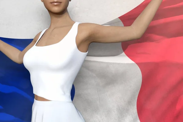 かなりの女性が白い背景に彼女の後ろに彼女の手でフランスの旗を保持しています 旗の概念3Dイラスト — ストック写真