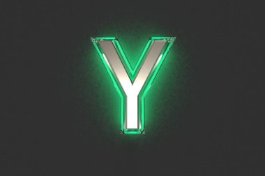 Zümrüt çizgili gümüş metal çizgi ve yeşil gürültülü arka plan alfabesi - koyu renkli Y harfi, sembollerin 3 boyutlu çizimi