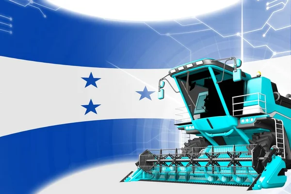 Agriculture innovation concept, blue advanced grain combine harvester on Honduras flag - digital industrial 3D illustration