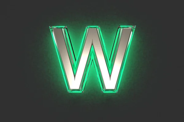 エメラルドの輪郭と緑のバックライトフォントを持つ銀金属 文字Wはグレーの背景に隔離され シンボルの3Dイラスト — ストック写真