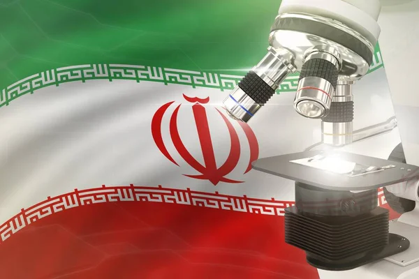 Microscopio Sobre Fondo Bandera Irán Concepto Desarrollo Científico Investigación Industria — Foto de Stock