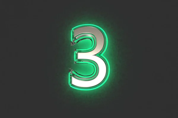 带有翡翠轮廓和绿色嘈杂背光字体的银质金属 在黑暗中隔离的3号 符号的三维插图 — 图库照片