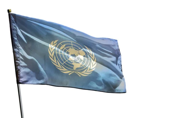 Ondeando Bandera Las Naciones Unidas Aislada Sobre Fondo Blanco — Foto de Stock