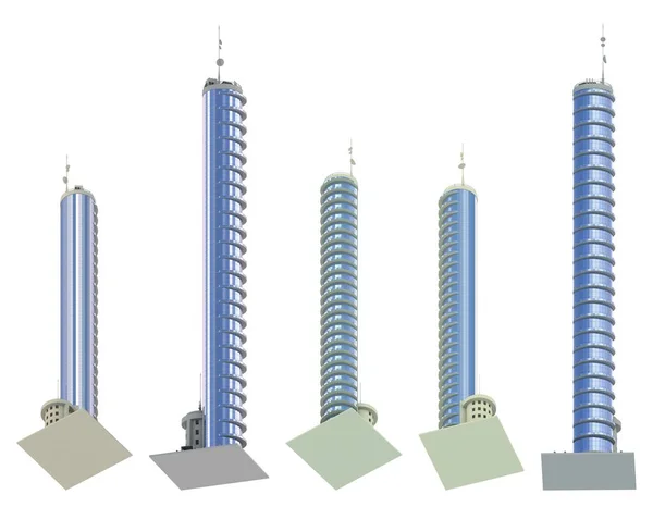 Pohled Zdola Vykresluje Fiktivní Designové Domy Balkony Modrými Oblačnými Odrazy — Stock fotografie
