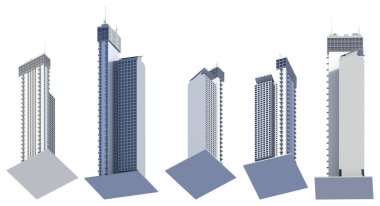 5 kurgusal tasarım kentsel gökdelen seti gökdelenler gökdelen bloğu gökyüzü yansıması - beyaz üzerine izole edilmiş, gökdelenlerin 3d aşağıdan görüntüsü