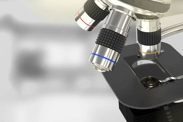 physic work concept, lab hi-tech scientific microscope on bokeh background - object 3D illustration