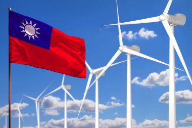 Çin 'in Tayvan Eyaleti alternatif enerji, rüzgar enerjisi sanayi konsepti yel değirmenleri ve bayrak - alternatif yenilenebilir enerji sanayi illüstrasyonu, 3D illüstrasyon