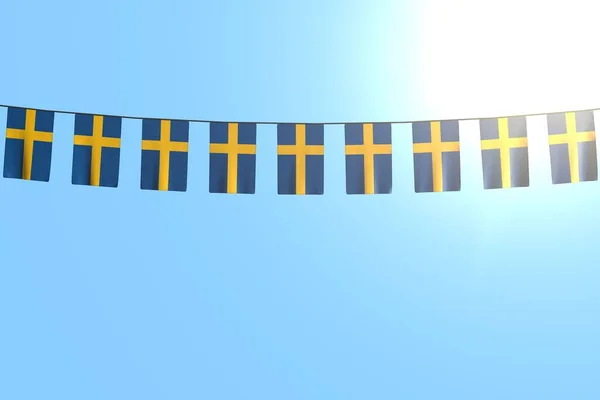 Beautiful Many Sweden Flags Banners Hangs String Blue Sky Background — Stock Photo, Image