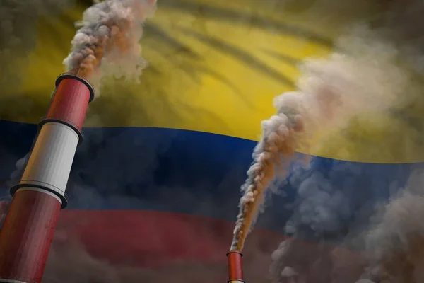 コロンビアの公害の戦いの概念 旗の背景に重い煙を持つ2つの大きな植物煙突 工業用3Dイラスト — ストック写真
