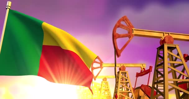Petrol Kuyularının Arka Planında Benin Bayrağı — Stok video