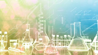 dijital stil farmasötik konsept, laboratuvar test tüpleri ve diğer cam eşyalar - bilimsel arkaplan olarak kullanılabilir, nesnelerin 3 boyutlu çizimi