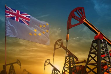 Tuvalu petrol endüstrisi konsepti, endüstriyel illüstrasyon. Mavi ve sarı günbatımı arka planında dalgalanan Tuvalu bayrağı ve petrol kuyuları - 3 boyutlu illüstrasyon