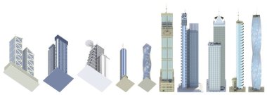 Hayali tasarımı ve bulutlu gökyüzü yansıması olan yüksek detaylı yüksek teknolojili evler seti. Mimarinin 3d 'nin altındaki görüntüden izole edilmiş.